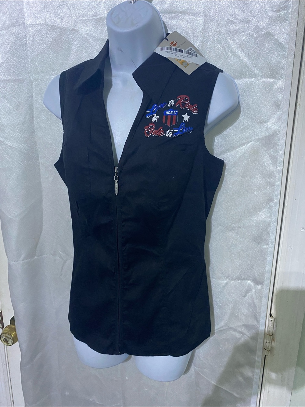 Harley Davidson Black Sleeveless Zip-Front Tank with Red, White & Blue Embroider